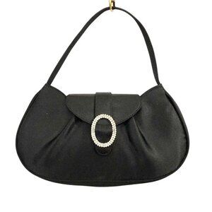 Black Satin Evening Handbag Purse Rhinestone Oval Buckle Optional Braided Strap